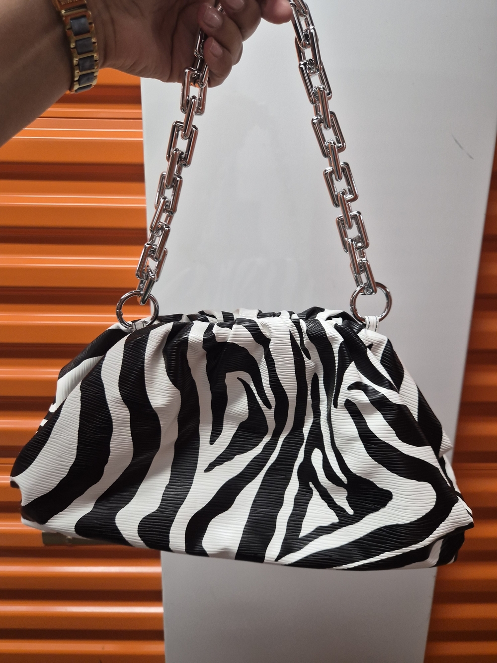 Zebra Print Clutch with Silver Chain Strap